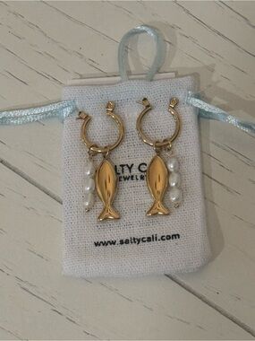 Gold Fish Hoop Earrings with Pearl Accents - Gold